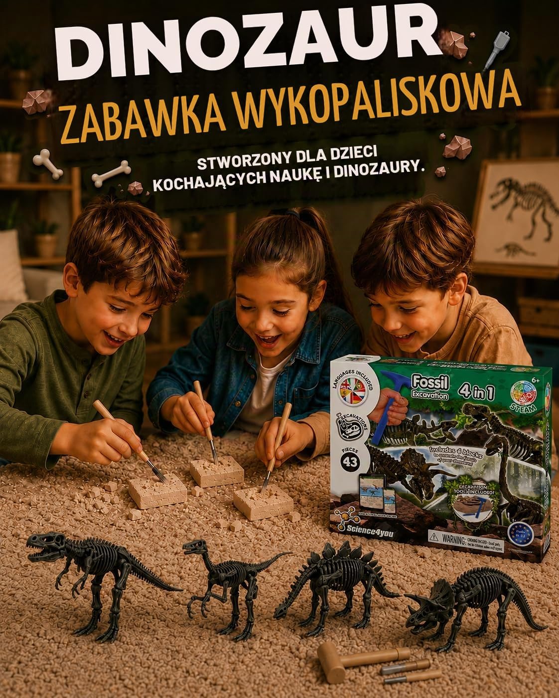 Detalle de Science4you 80000516 – zestaw do wykopalisk 4 w 1, 4 dinozaury