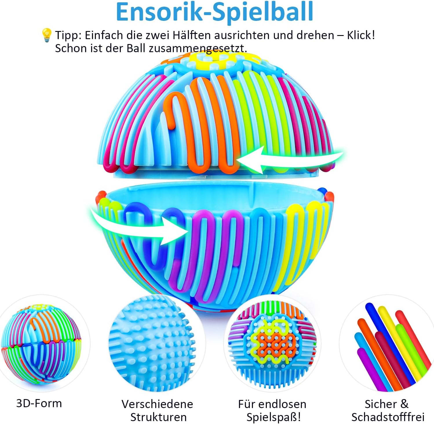 Detalle de Sensorik Activity Ball mit 16 bunten Silikonstreifen – Stressabbau Spielzeug Blau