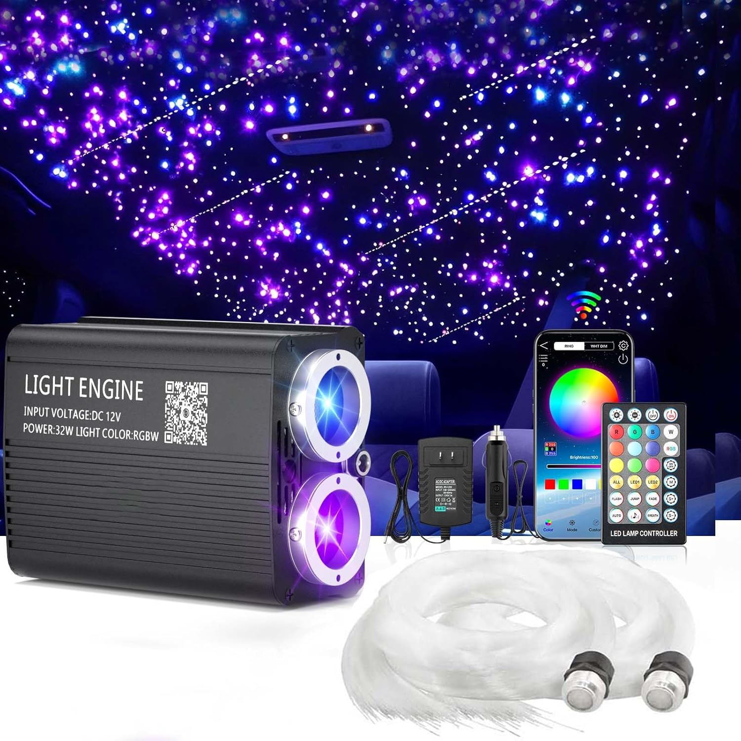 Detalle de VASTFIRE 32W Starlight Headliner Car Kit with 1300 Pieces and 9.8ft Fibre Optic Show