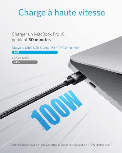 Thumbnail 5 de Anker Câble USB-C vers USB-C 100 W — 3 m, Noir, nylon résistant