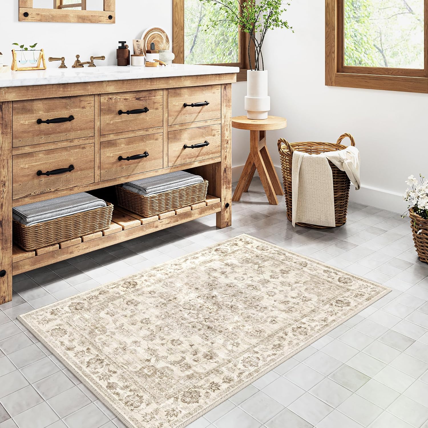 Detalle 2 de HUGEAR Vintage Beige waschbarer Teppich (60x90 cm) – rutschfeste Fußmatte für Bad, Eingangsbereich & mehr
