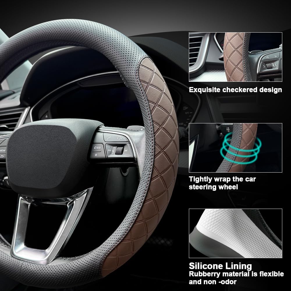 Thumbnail 2 de LKWLIKEI Nappa Leather Steering Wheel Cover with Elegant Diamond Checkered Design
