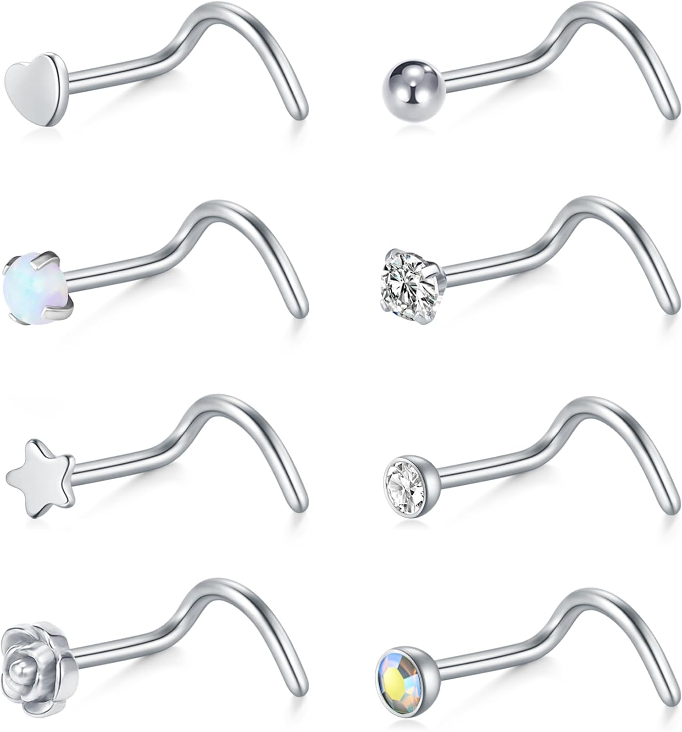Thumbnail 5 de Briana Williams 316L surgical steel CZ nose stud set (16G–22G, 10 pcs)