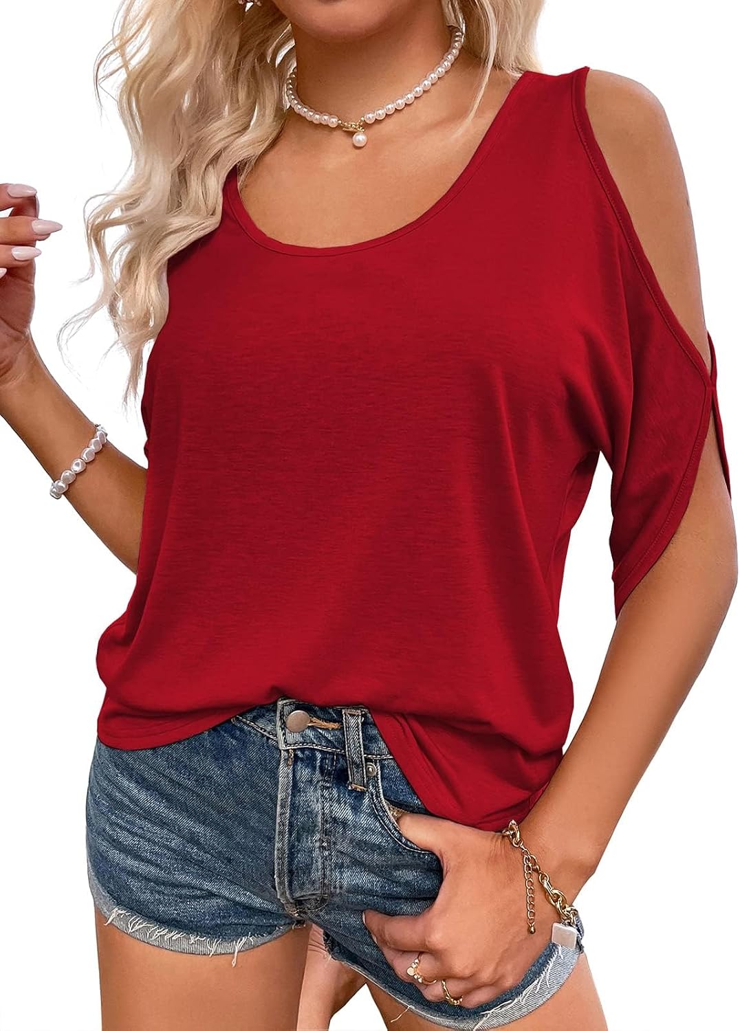 Detalle 2 de Fisoew Damen Sommer-Oberteil: Cold-Shoulder U-Ausschnitt, locker sitzend, kurze Ärmel