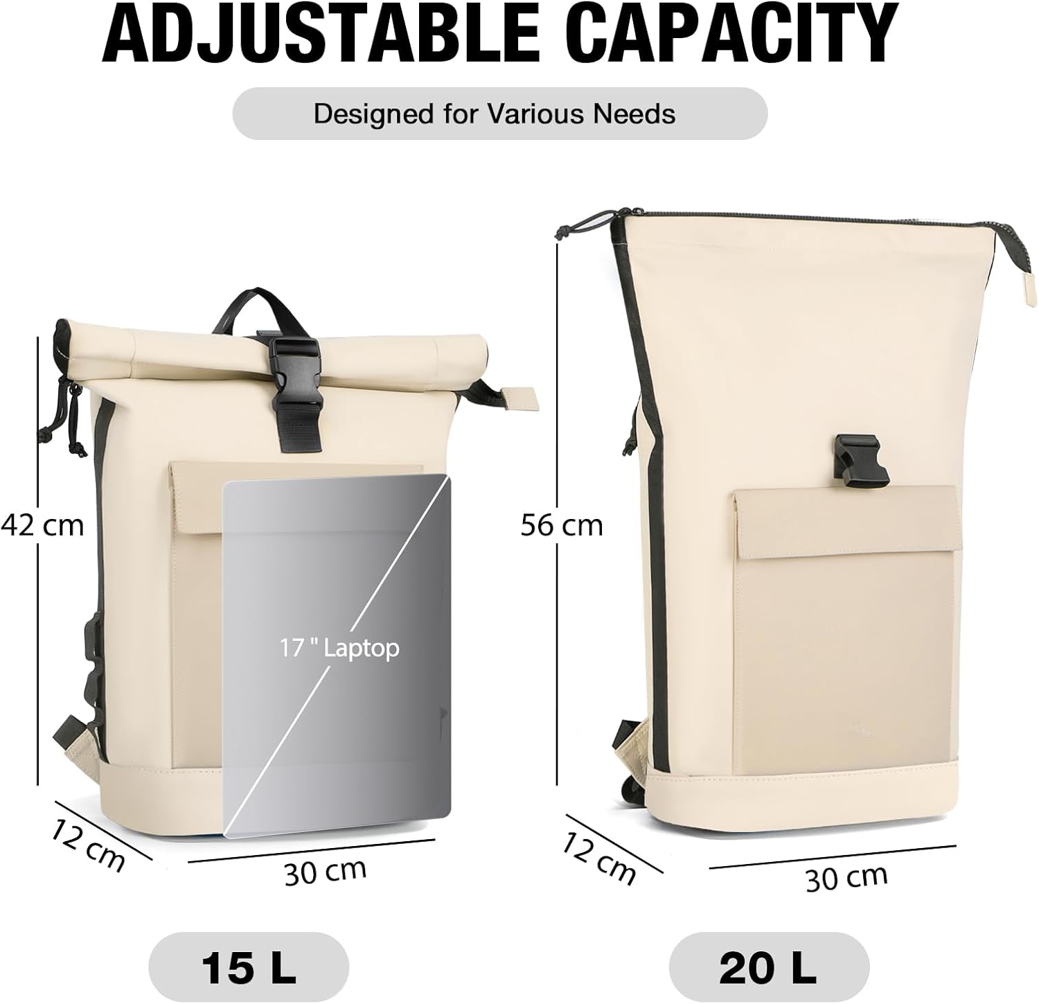 Detalle de Lekeinchi Rolltop Rucksack – Wagendurchlässiger Rucksack mit 17 Zoll Laptopfach, 16–20 L, wetterfest, Uni/Arbeits- und Reiserucksack (Beige/Khaki)