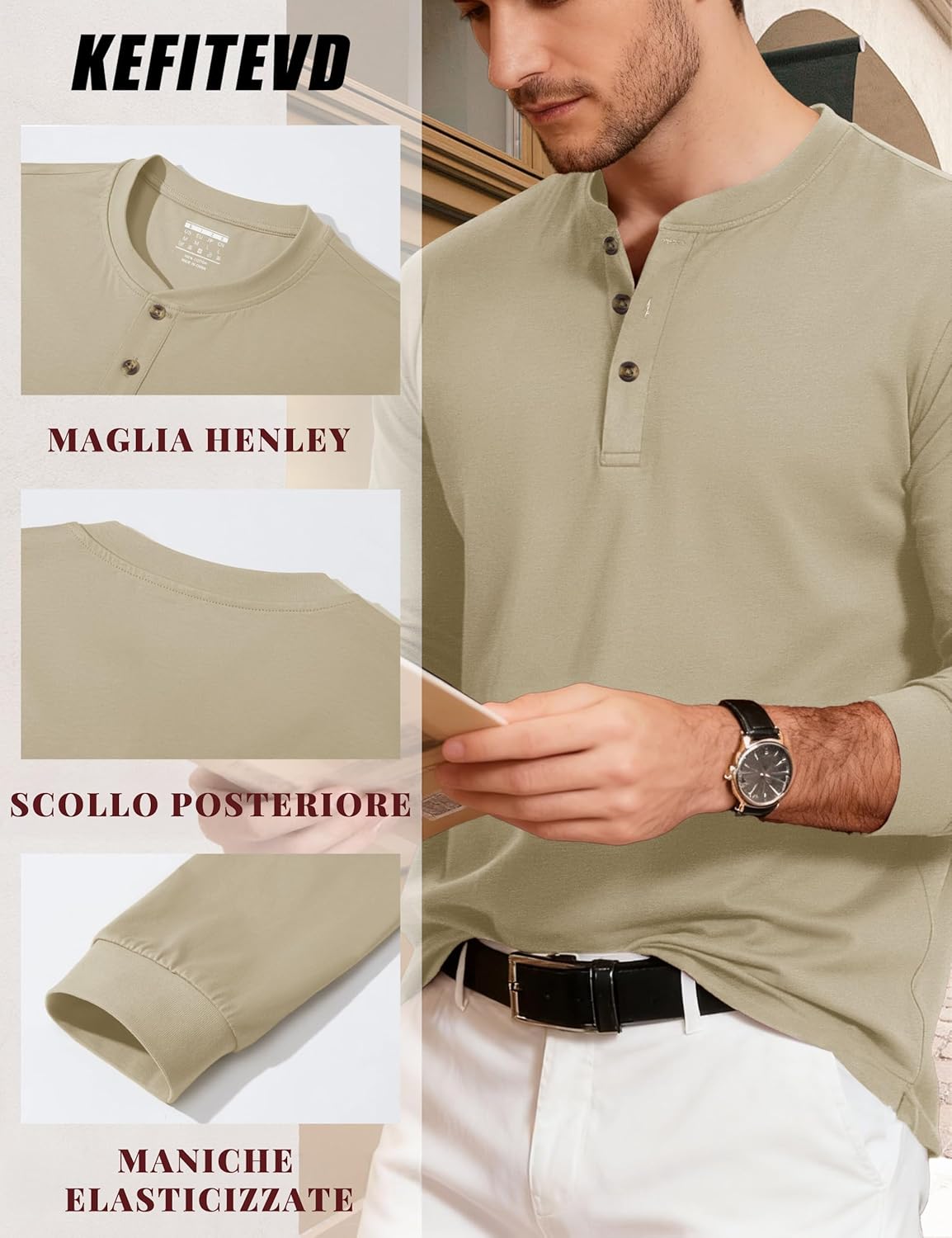 Thumbnail 4 de KEFITEVD Magliette Uomo Henley a Manica Lunga in Cotone con 3 Bottoni