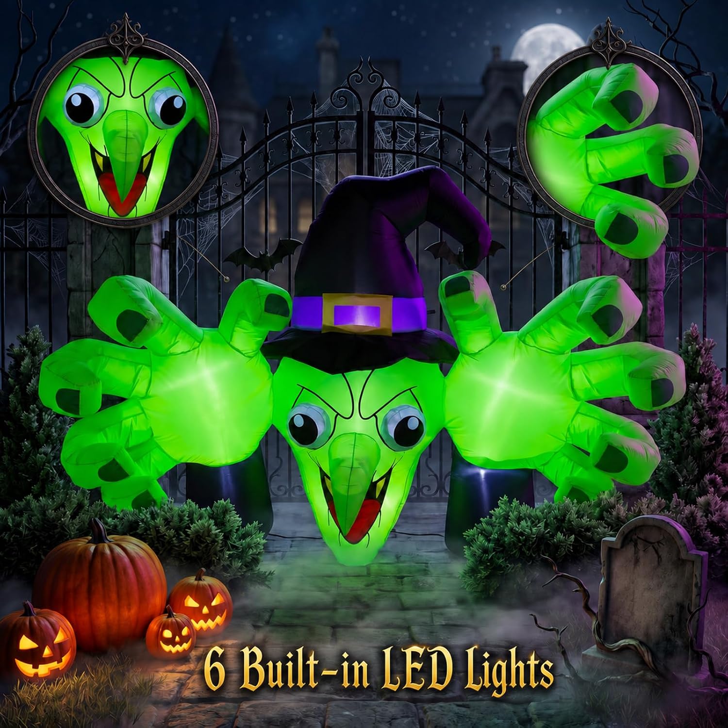 Detalle de enlik 6FT Halloween Inflatable Witch with LED Lights and Reaching Hands