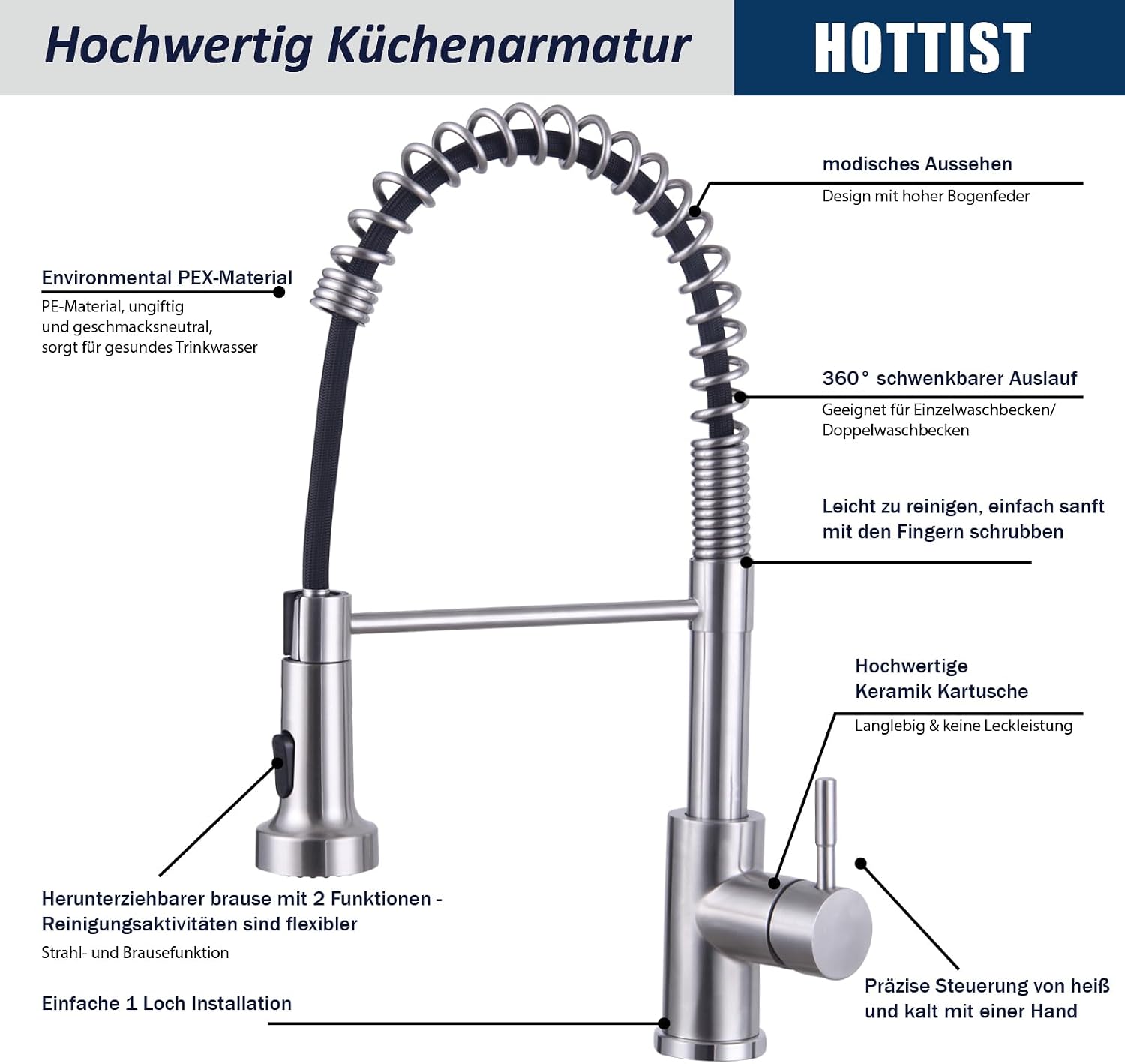 Detalle de HOTTIST Wasserhahn Küche mit Brause, 2 Modi und 360° Drehfunktion aus Edelstahl 304