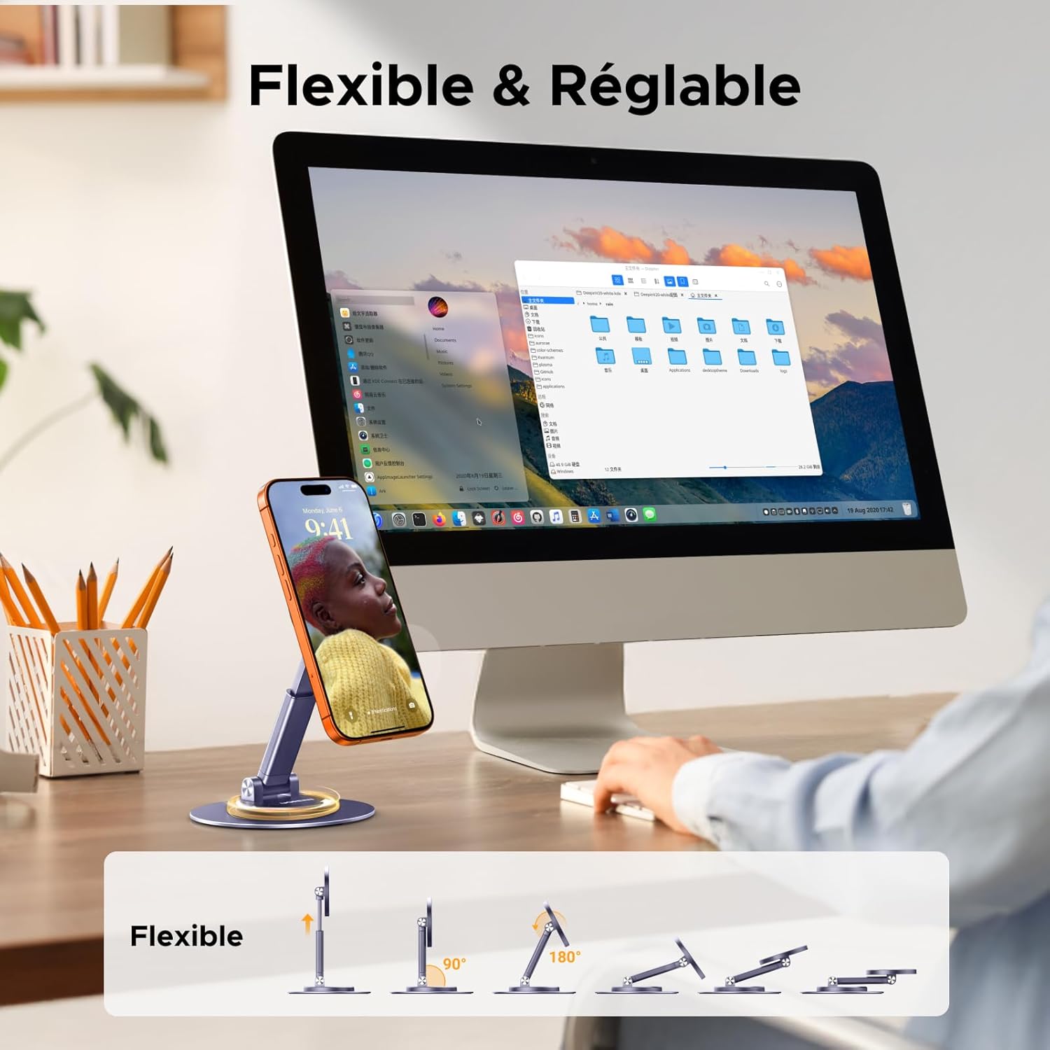 Thumbnail 1 de Support téléphone magnétique de bureau UGREEN (aimant N52) avec rotation 360° et pliage, compatible MagSafe iPhone 16/15 et Samsung S24 Ultra – Gris