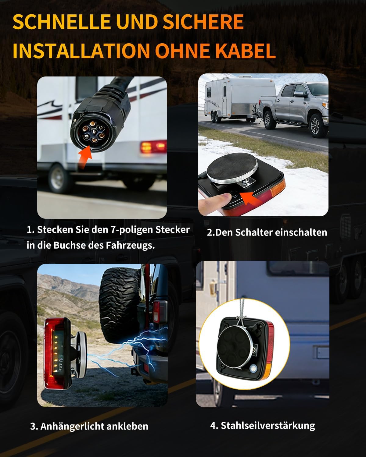 Thumbnail 4 de Tixxiu Anhänger Rückleuchten magnetisch drahtlos – 7-Pin, 12–24V, Komplettset für Anhänger, PKW, LKW und Wohnmobile