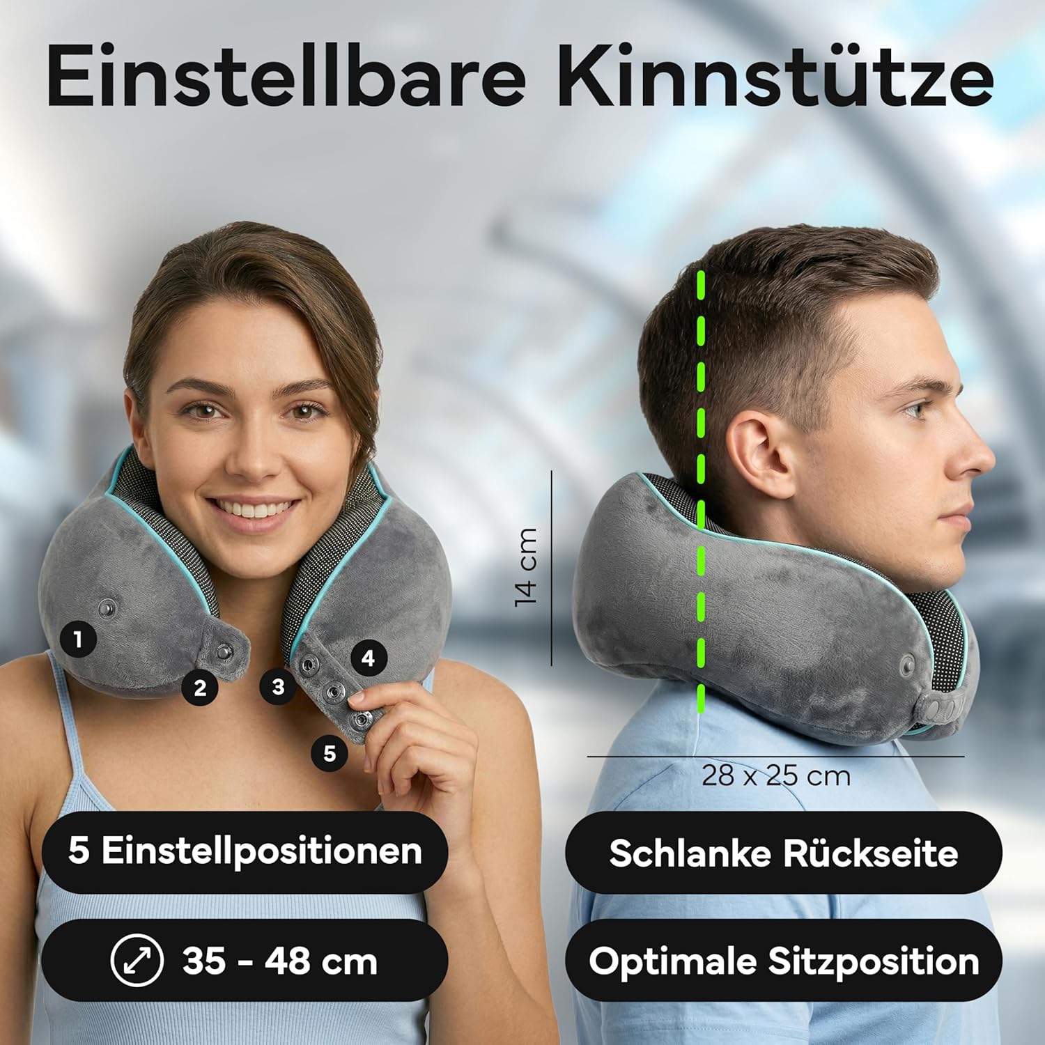 Thumbnail 3 de NEOLYMP Nackenkissen Flugzeug mit Kinnstütze – Memory Foam Reisekissen mit 360° Support, verstellbar 35–48 cm, inkl. Tasche und Kofferband