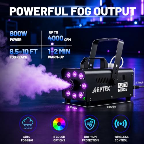 Detalle 2 de AGPTEK Fog Machine 600W with 12 RGB Colors, 4000 CFM, Auto Shutoff