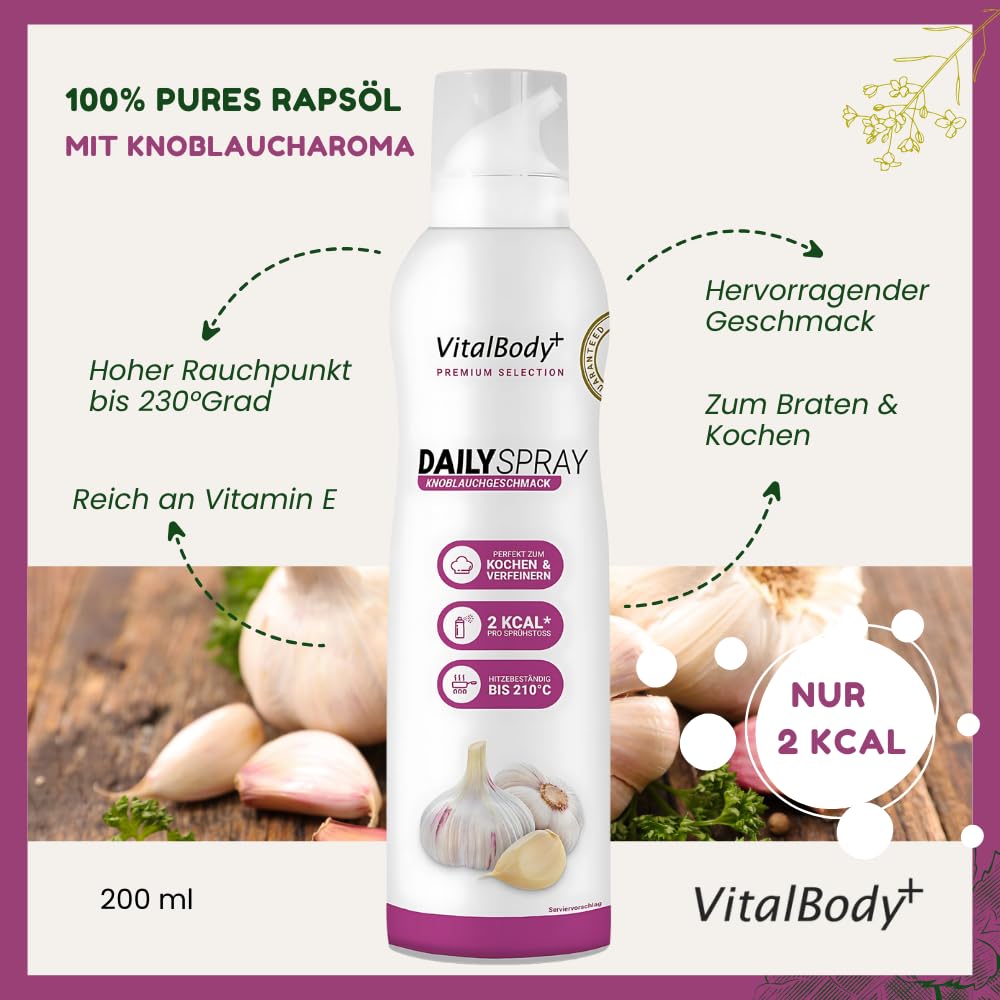 Detalle de VitalBody+ DailySpray Rapsöl mit Knoblauchgeschmack – Kalorienarm & antihaftend, 800 Portionen