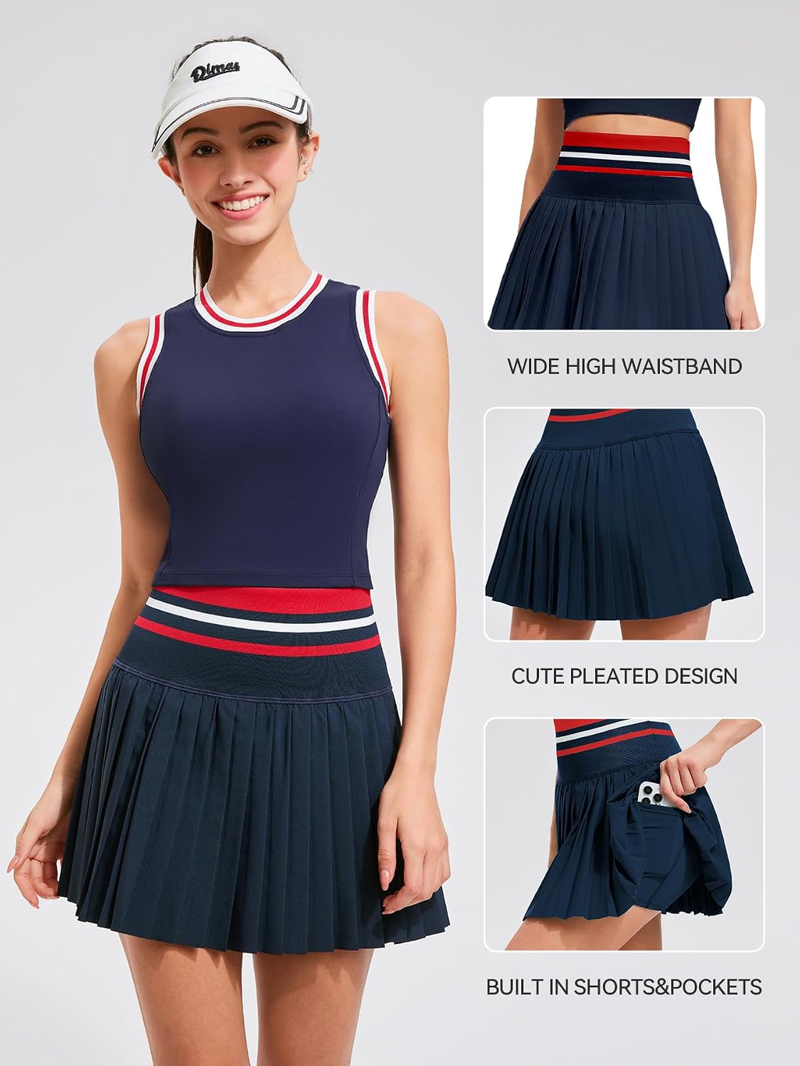Detalle 2 de Two Piece Tennis Skirt Set for Women with High-Waisted Pleats, Pockets & Built-In Support