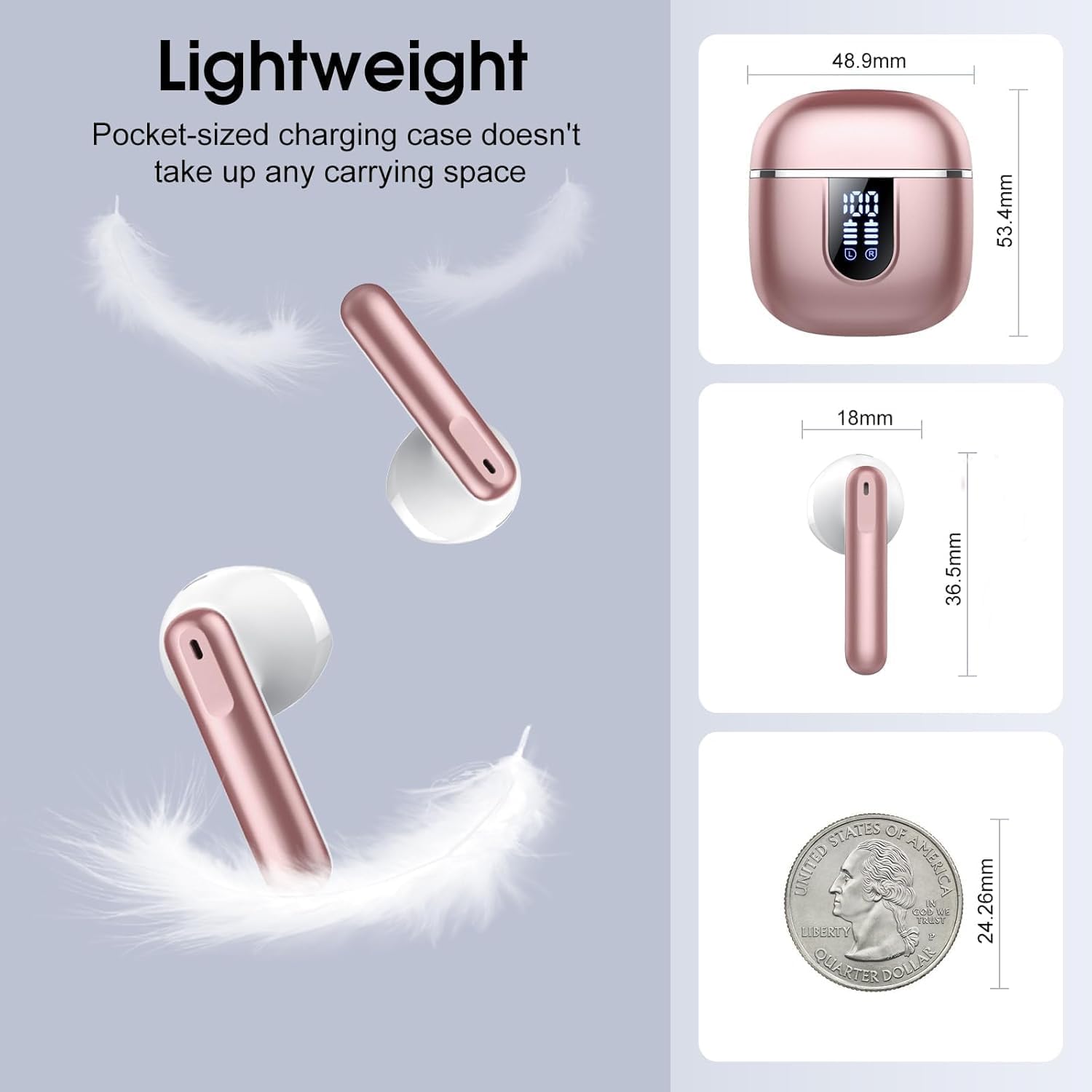 Thumbnail 5 de Bluetooth Kopfhörer 5.4 In Ear mit ENC Mikrofonen, IPX7 Wasserfest, LED Lade-Case, 40 Std. Laufzeit – Roségold