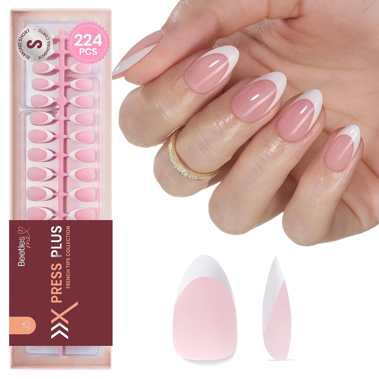Beetles French Tips Press On Nails: 224 Pink Short Almond Nails (16 Sizes)