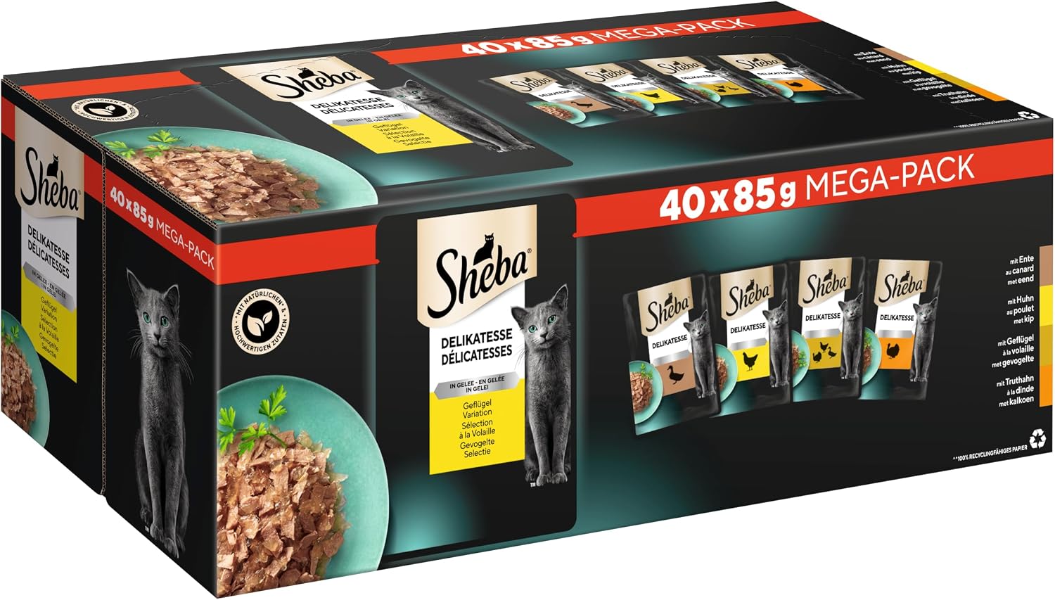 Detalle de SHEBA Katzenfutter nass Geflügel Variation in Gelee – Großpackung 72 x 85 g (4 Sorten)