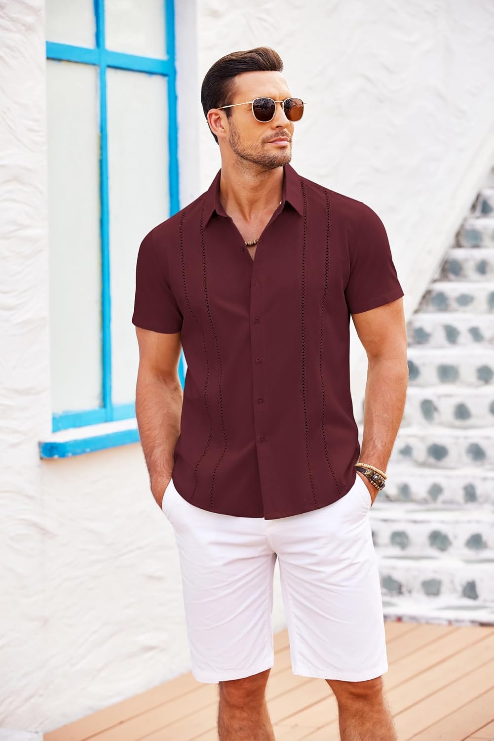 Detalle de COOFANDY Men's Cuban Guayabera Shirt Short Sleeve Button Down