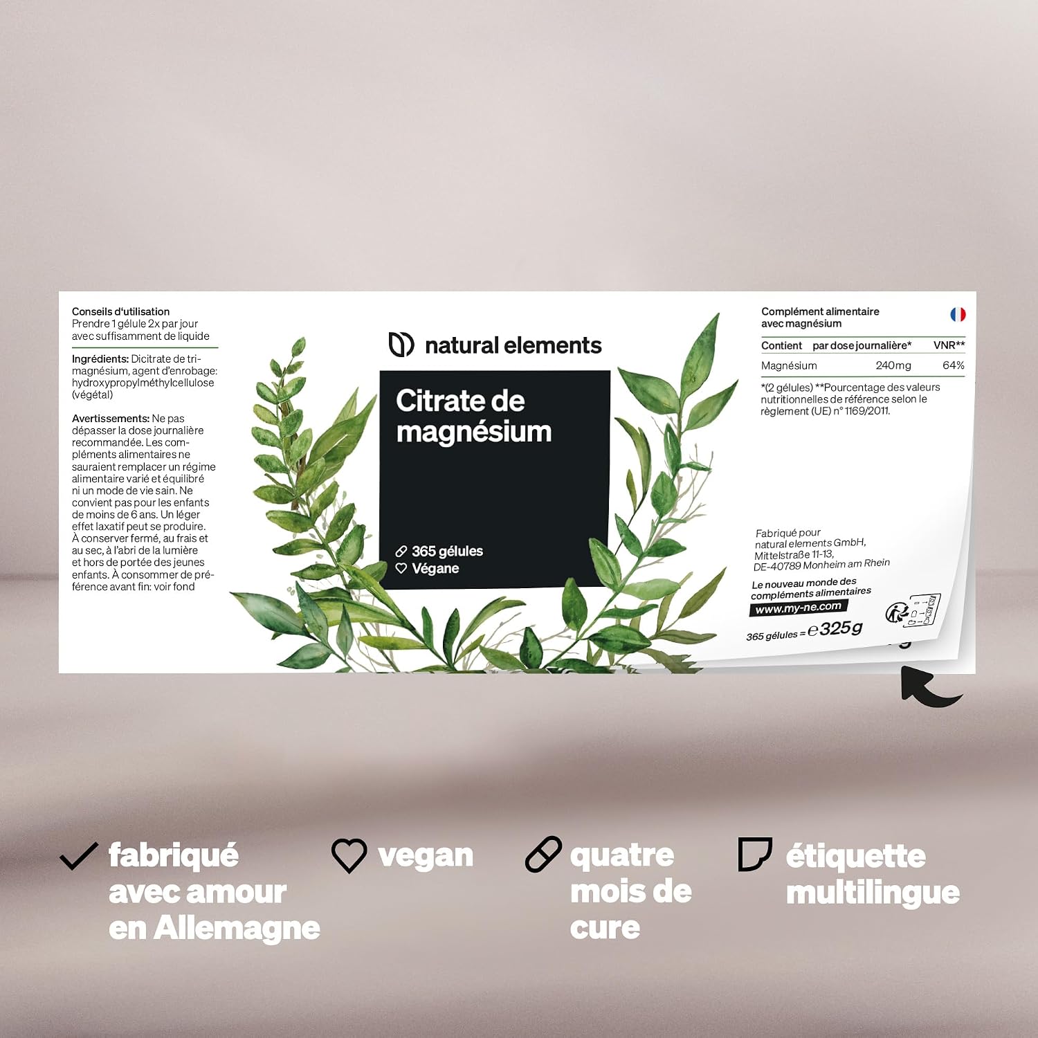 Detalle de Citrate de Magnesium 2320 mg (360 mg de magnésium élémentaire) – 365 gélules pour muscles, os et système immunitaire