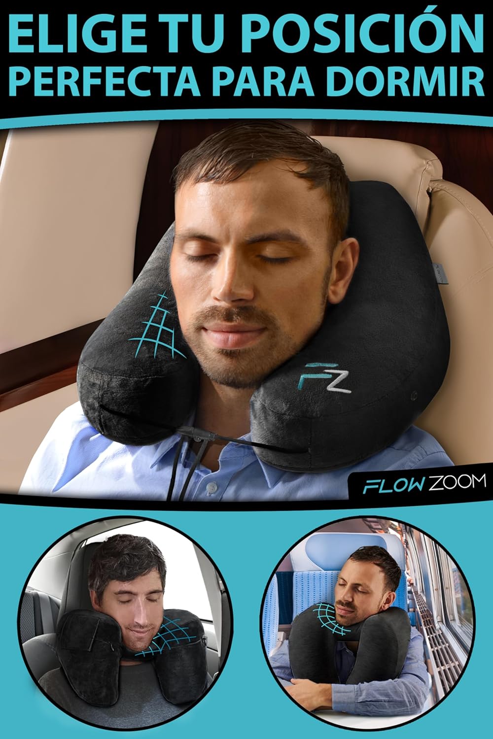 Detalle de FLOWZOOM Almohada de Viaje Hinchable 💤 Talla L con Capucha Negra