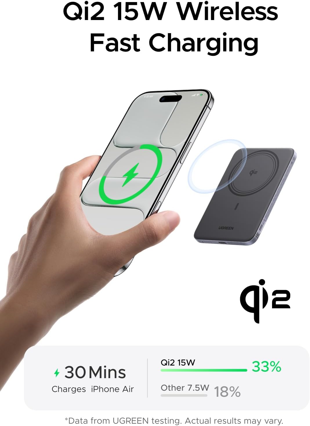 Detalle 2 de UGREEN Nexode Ultra-Slim 5000mAh Magnetic Power Bank with Qi2 (15W) & PD 20W USB-C