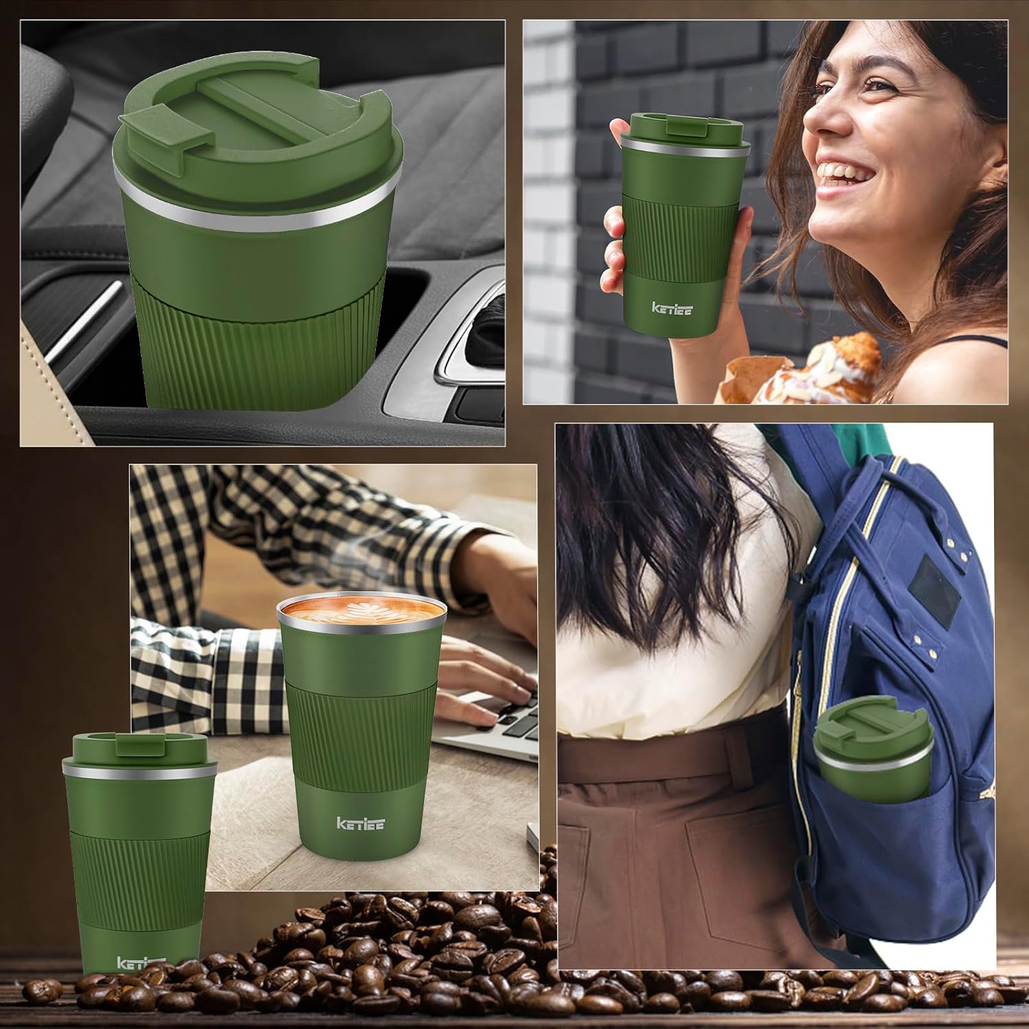 Detalle de KETIEE Kaffeebecher to go – 380 ml, doppelwandiger Thermobecher mit auslaufsicherem Deckel in Olivgrün