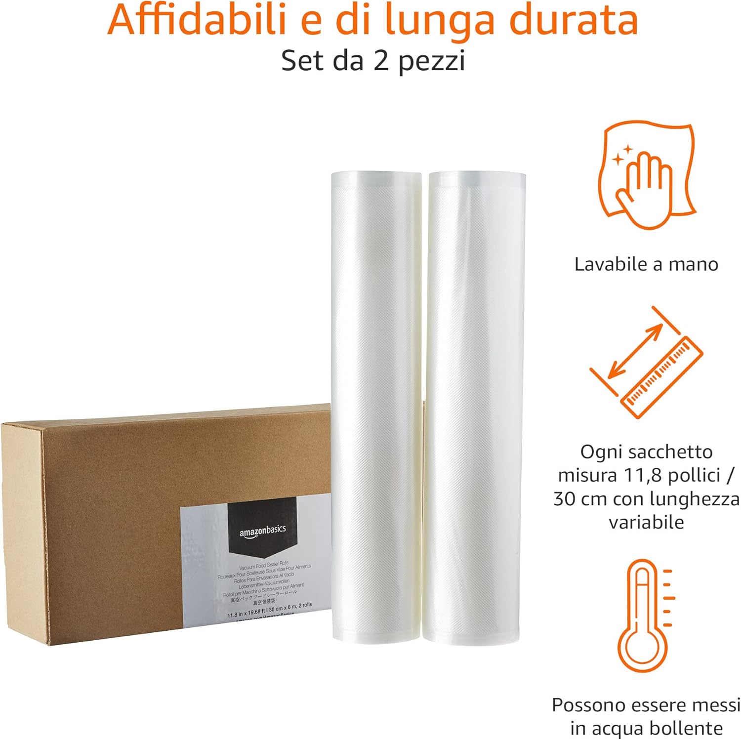 Detalle de Amazon Basics Rotoli sottovuoto per alimenti – 2 rotoli da 30 cm x 600 cm, riutilizzabili
