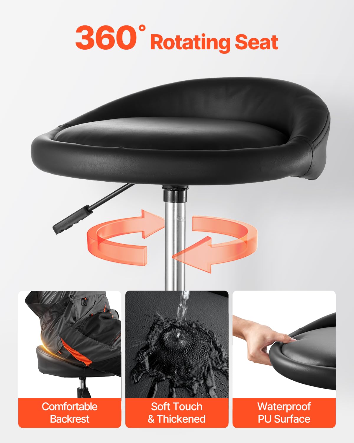 Detalle de VEVOR Tabouret d'atelier roulant à hauteur réglable – support lombaire, 360° et 136 kg