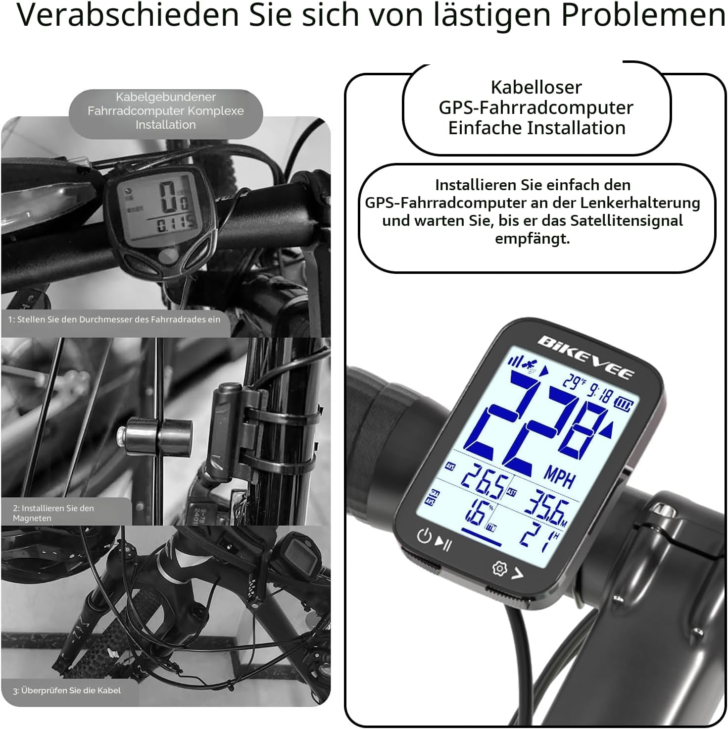 Detalle de Bikevee GPS Fahrradcomputer Kabellos – 2,4 Zoll FSTN Display, IPX7, 28h Akkulaufzeit