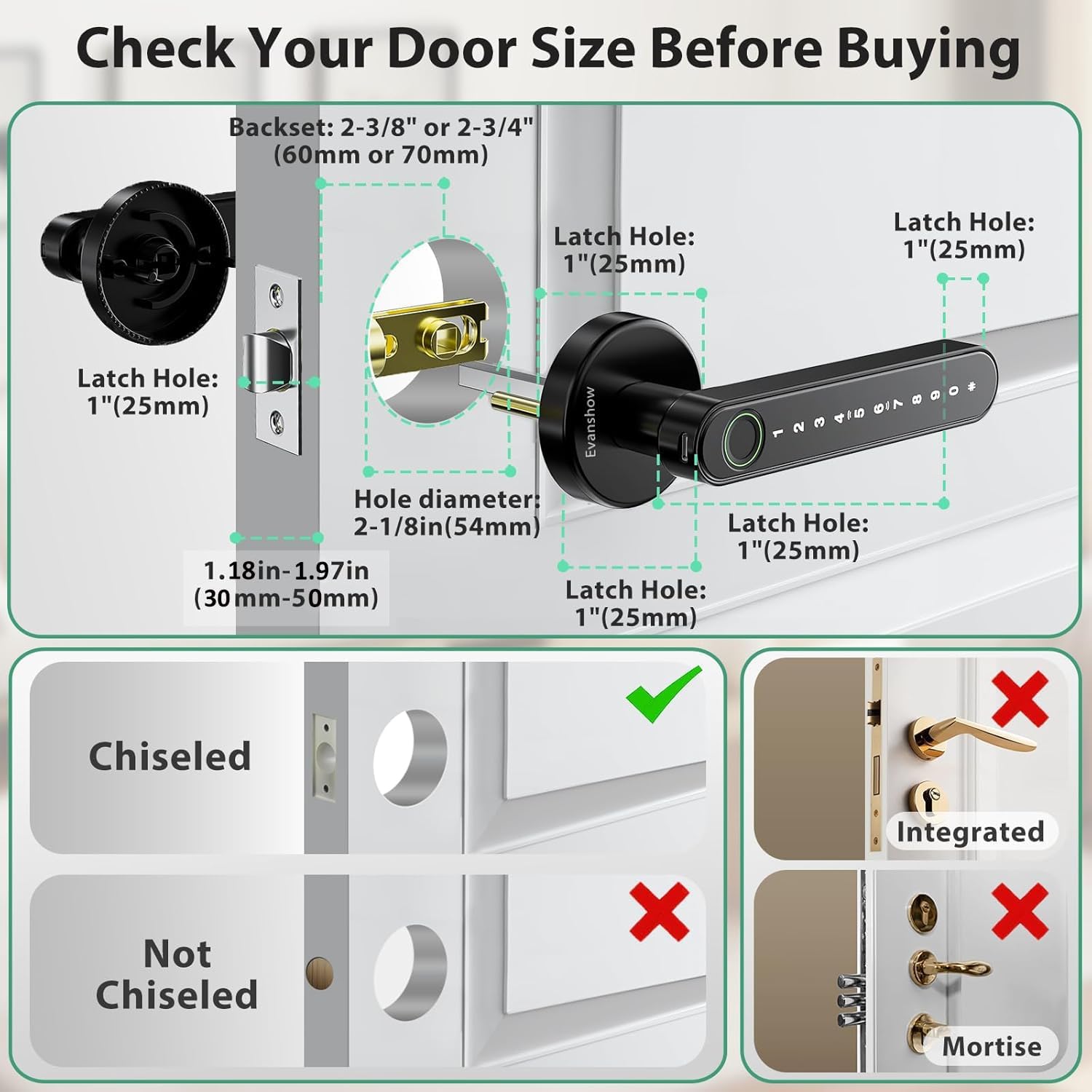 Thumbnail 2 de Evanshow Fingerprint Door Lock Biometric Door Knob with Keypad (Black) – 4-in-1 Smart Lock