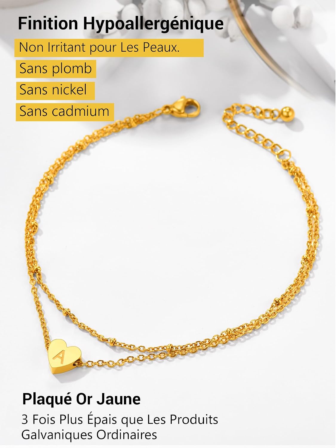 Detalle de PROSTEEL Bracelet de cheville femme plaqué or jaune 18k en acier inox 316L, double chaîne ajustable et charm cœur initiale