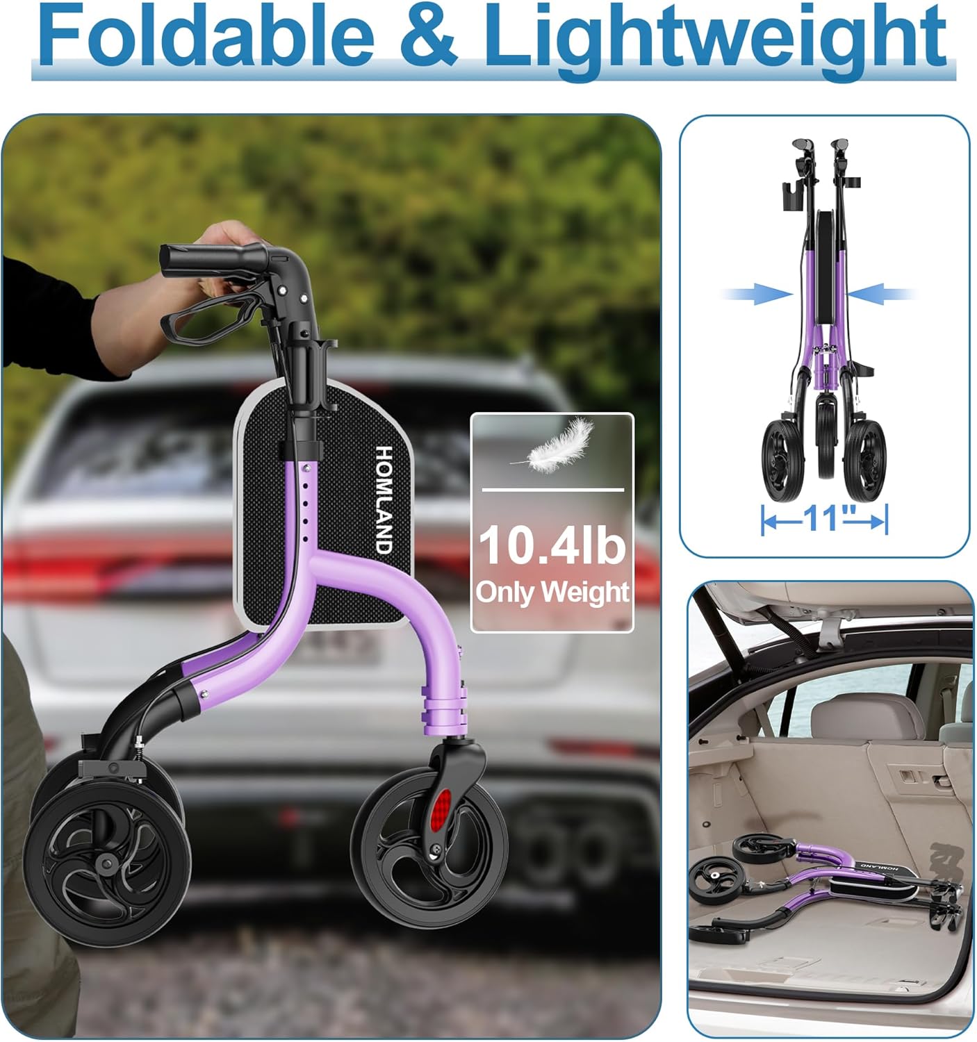 Detalle de HOMLAND 3 Wheel Walkers for Seniors: Foldable Rollator with Cane & Cup Holders