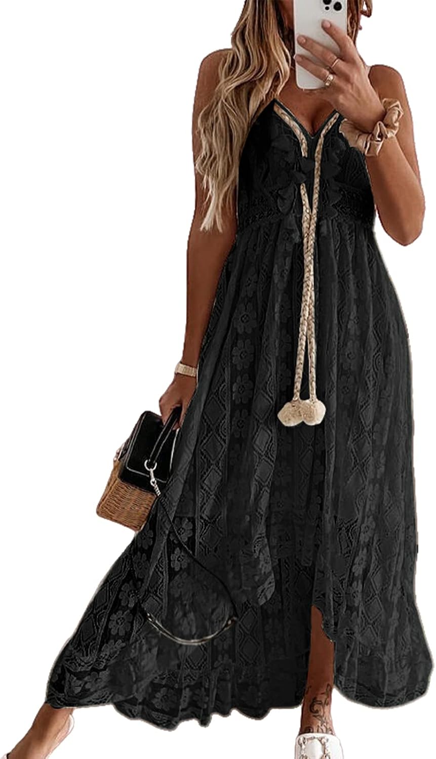 Detalle de CUPSHE Damen Sommerkleid mit V-Ausschnitt, Floral-Spitze und Quasten (Spaghetti-Träger)