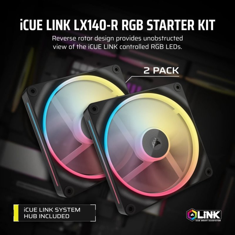 Detalle de Corsair iCUE LINK LX140-R RGB Pack Doble Ventilador Suplementario PWM 140mm – Negro