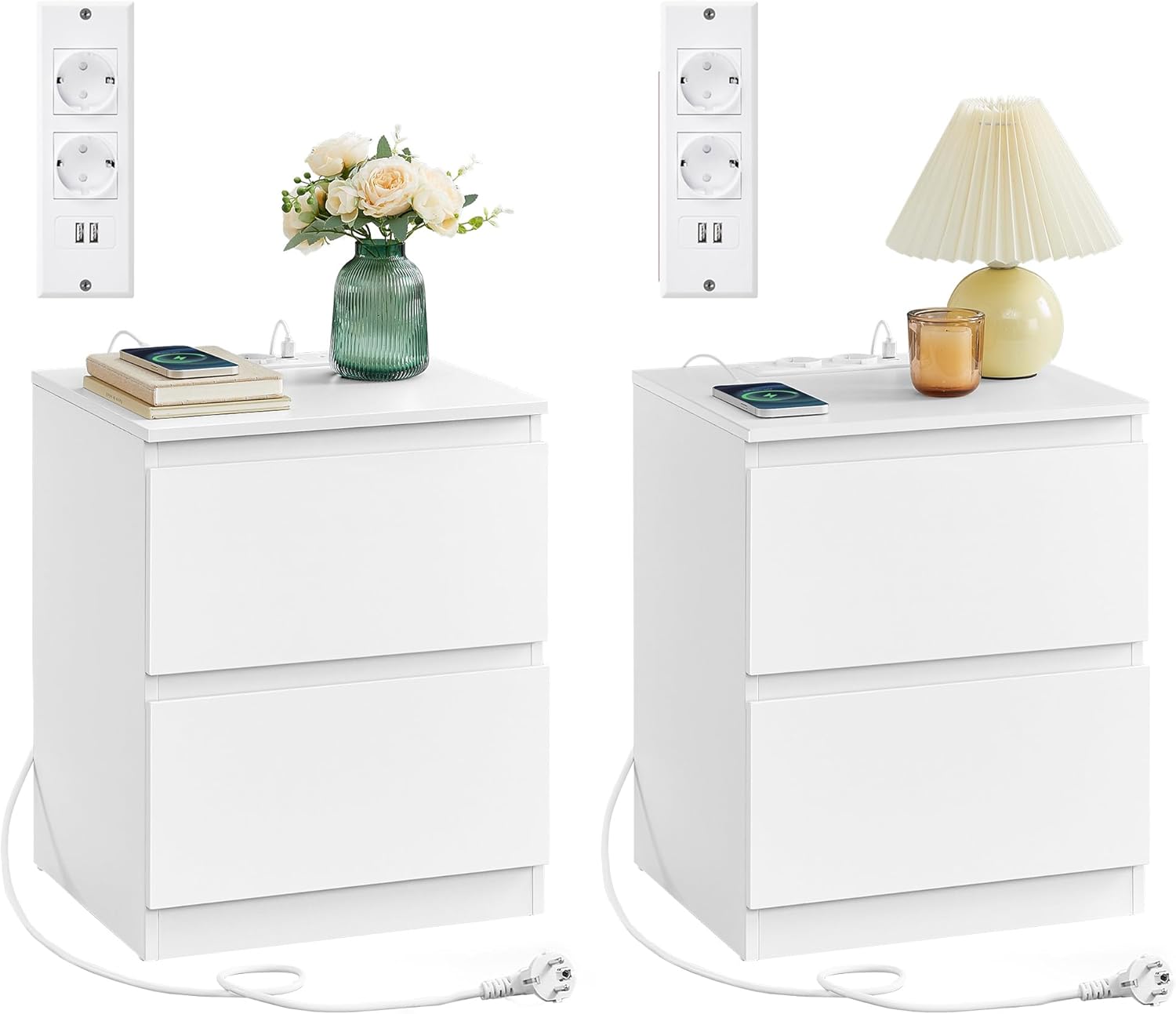 Detalle de VASAGLE Kailyn Collezione - Comodini con Ciabatta Elettrica, Set di 2, bianco nuvola LET821W02