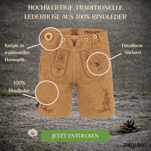Thumbnail 4 de PAULGOS Herren Trachten Lederhose HK3 + Träger, Echtes Leder, Größe 54, Hellbraun
