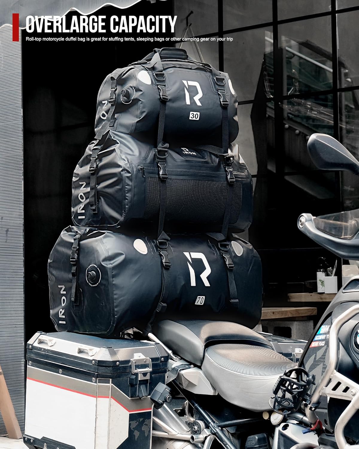 Detalle de IRON JIA'S Motorradtasche Gepäckrolle – wasserdichte Hecktasche, 70L, Rollverschluss