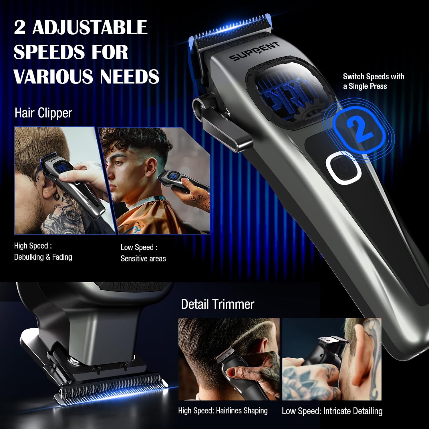 Detalle 2 de SUPRENT Sandstorm Hair Clippers and Trimmer, 8,500 RPM, Blue Titanium Blades