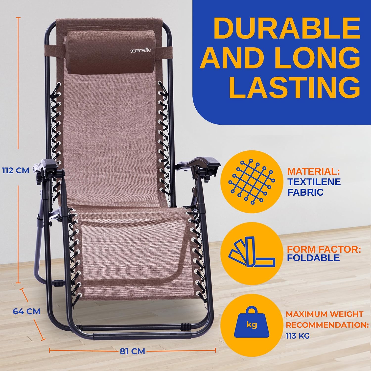 Thumbnail 2 de SereneLife Sun Loungers Set of 2: Zero Gravity Garden Chairs with Removable Headrests and Side Table