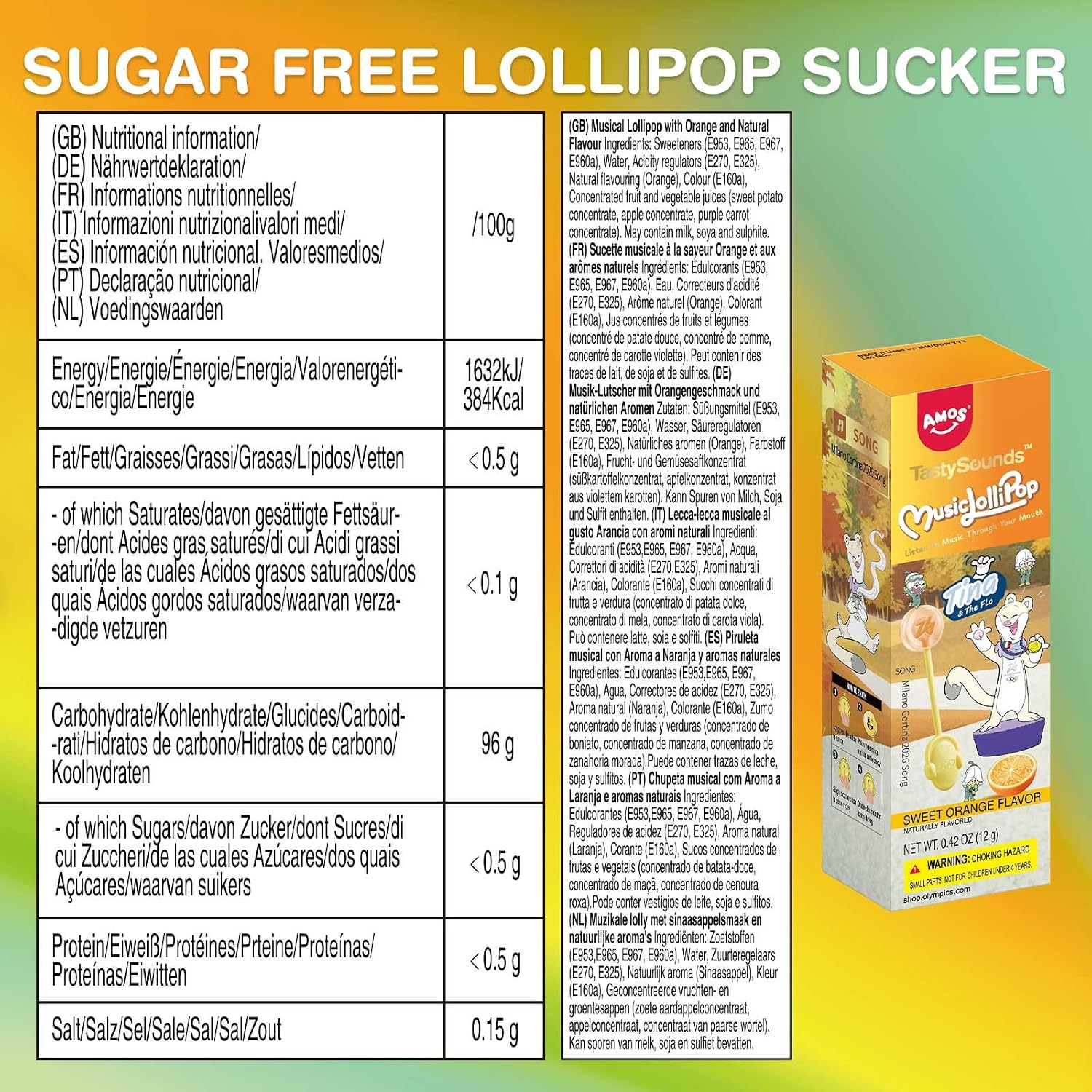 Detalle 2 de AMOS Musik-Lutscher Audio Lollipop (1 Stück, Orange) – zuckerfrei, glutenfrei, einzeln verpackt