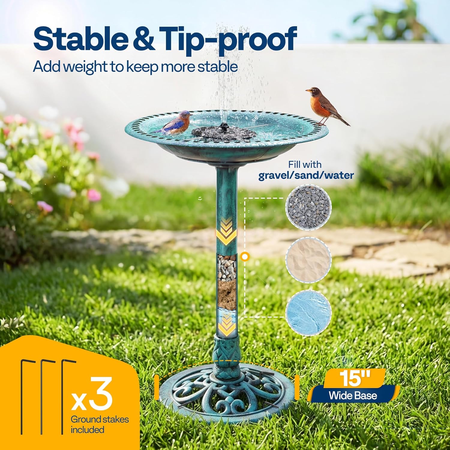 Detalle de VIVOHOME 71cm Solar-Powered Bird Bath Feeder for Garden – Free-Standing Resin Fountain