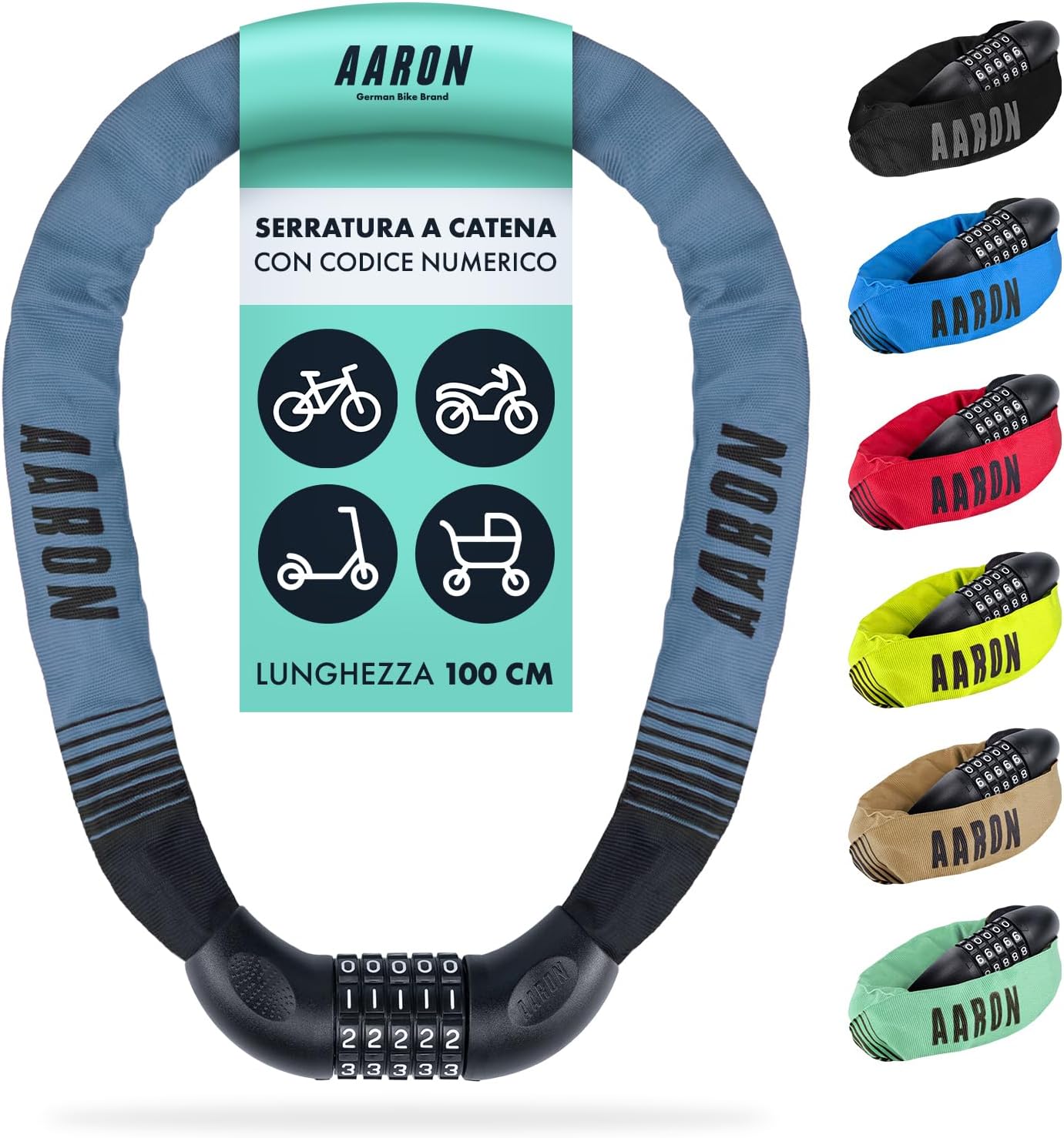 Detalle de AARON Lock One: Catena antifurto a combinazione 5 cifre per bici e veicoli leggeri