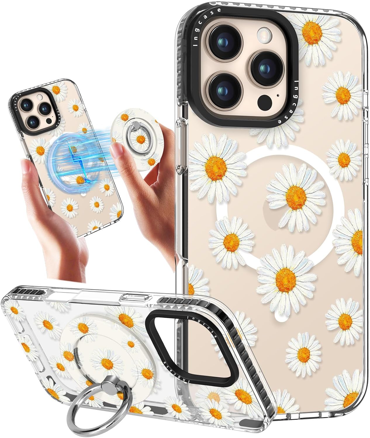 Detalle de Ingcase iPhone 16 Pro Max Case, Daisy Floral TPU with Magnetic Ring Stand