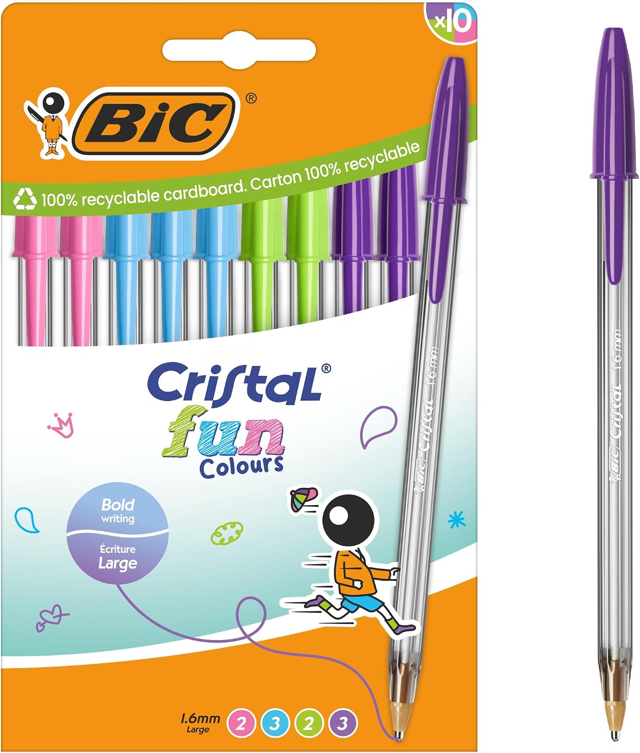 BIC Cristal Fun Colours Stylos-bille Large 1,6 mm – Pack de 10 (Couleurs assorties)