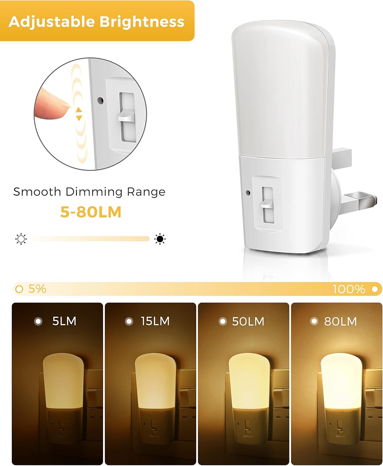 Detalle de LOHAS Dusk to Dawn Plug-in Night Light (2-Pack) – Dimmable Warm White 3000K, 5–80 LM, Auto On/Off
