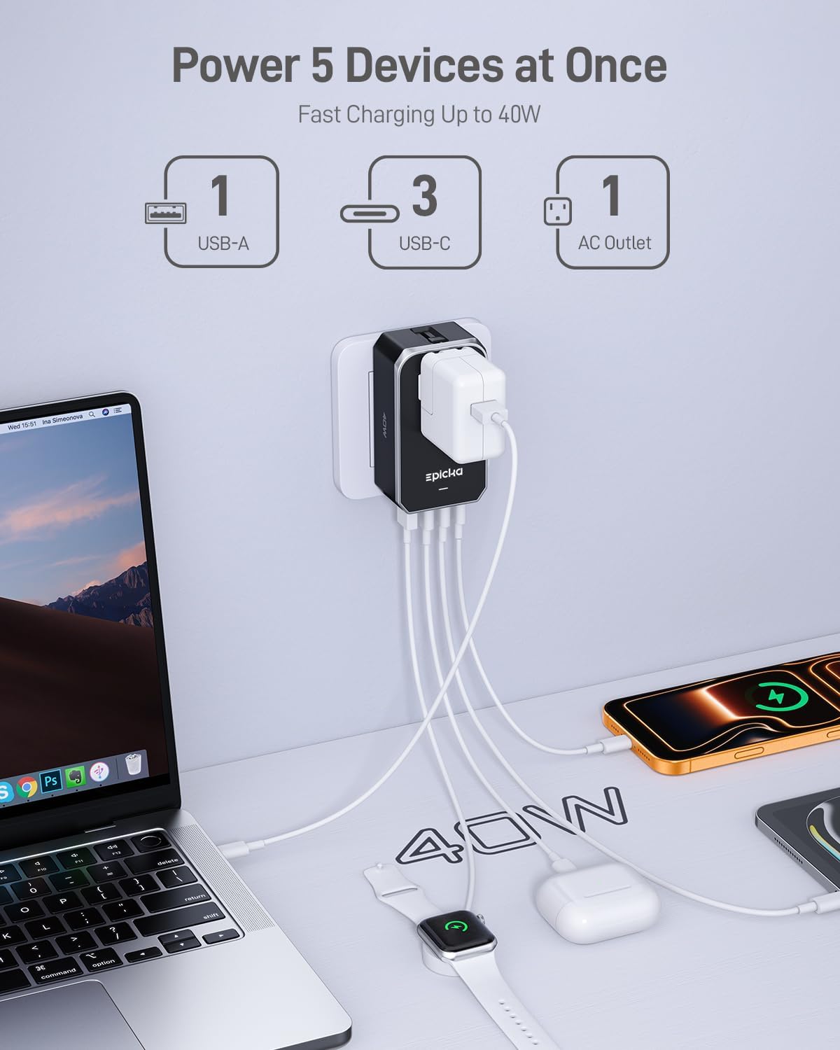 Detalle 2 de EPICKA Air 40W Universal Travel Adapter, 3 USB-C, USB-A and AC Outlet