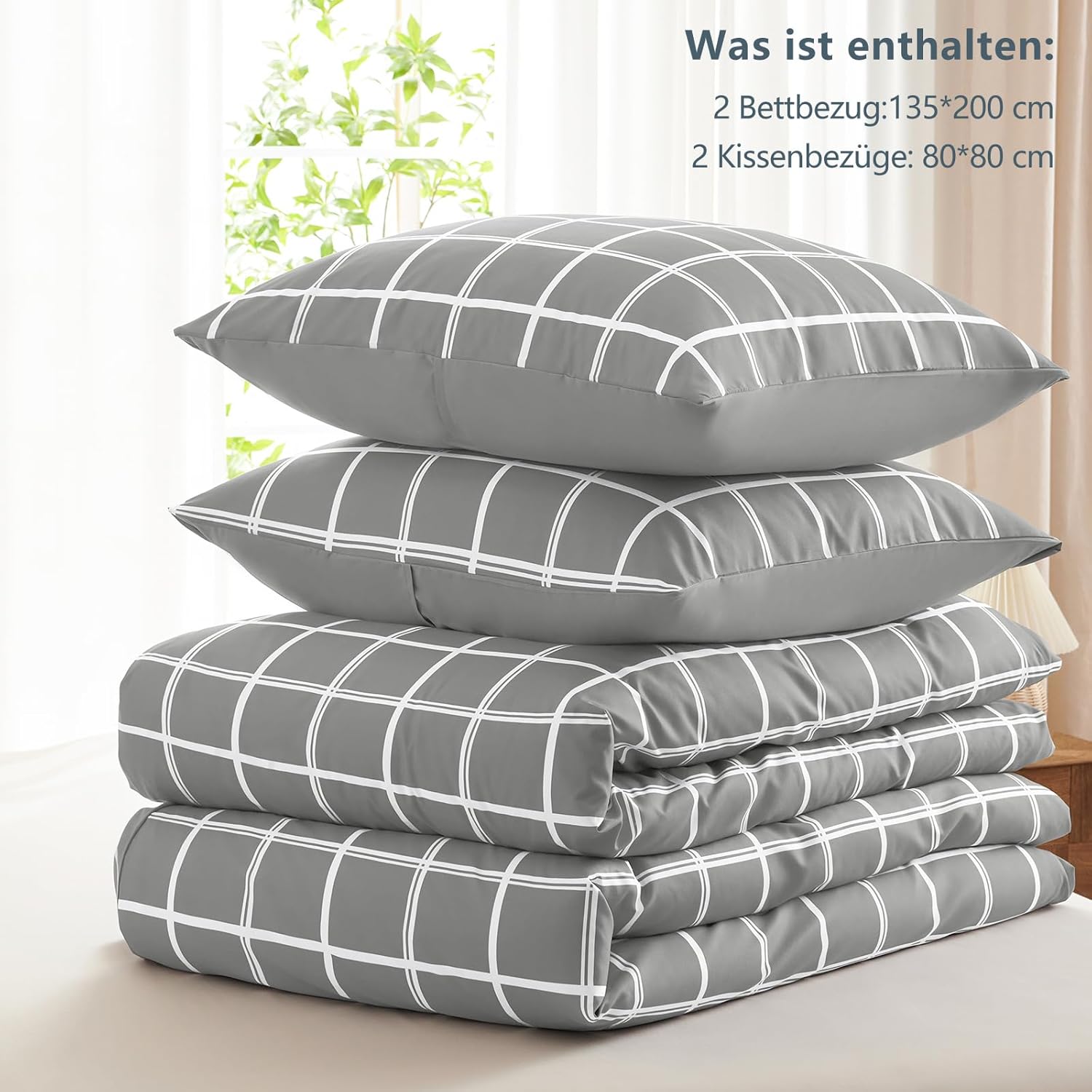 Thumbnail 6 de WAVVE Bettwäsche 135x200 4-teilig (Mikrofaser) Grau mit Karo-Muster, Wendebettwäsche, mit Reißverschluss