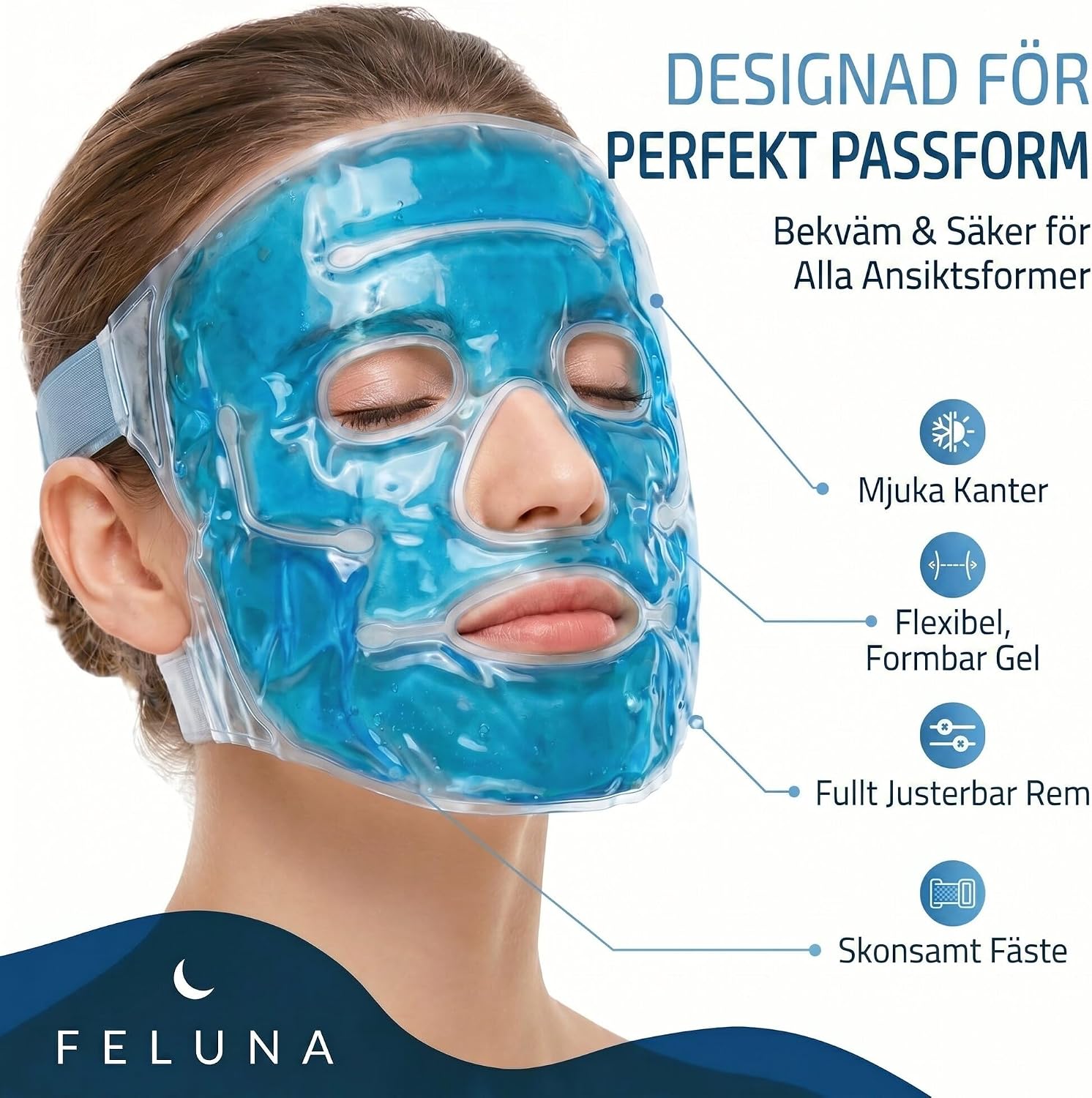 Detalle de Feluna® gelansiktsmask – återanvändbar kyl- och värmemask för ansiktet