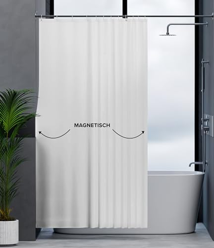Detalle de ovimar Magnetischer Duschvorhang Langfossen 180 x 200 cm – weiß, waschbar, schnelltrocknend, Anti-Schimmel mit Magnetleiste und Ringset