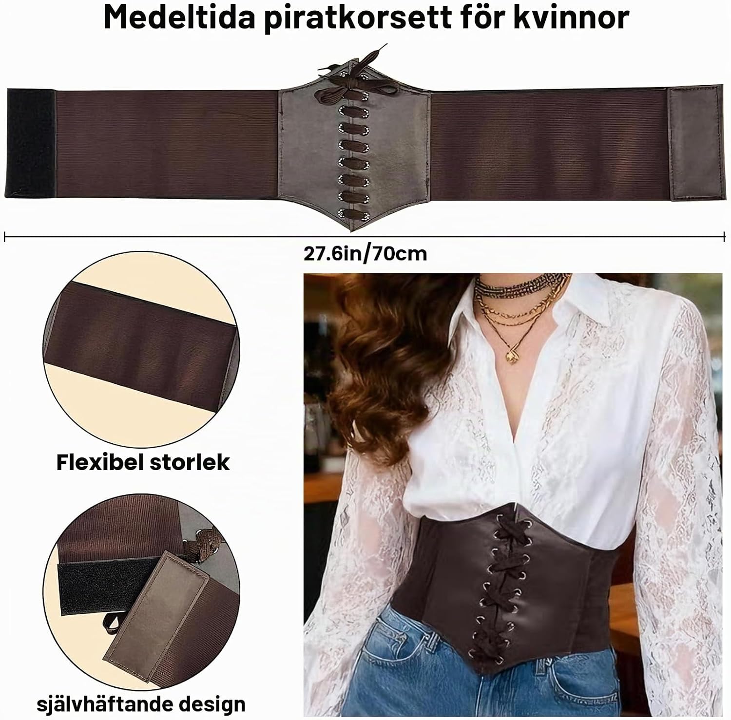 Detalle 2 de HONHHUO piratset för dam, 4 delar med korsett, 3D-ögonlapp och halsband